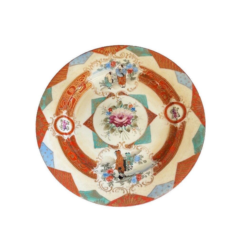 Antique Japanese Satsuma Handpainted Figural & Floral Plate With Gold Trim